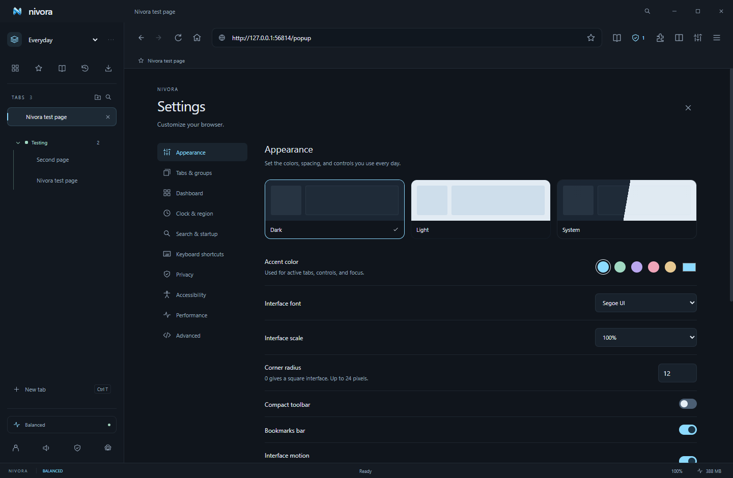 Nivora settings with theme, accent, font and interface controls