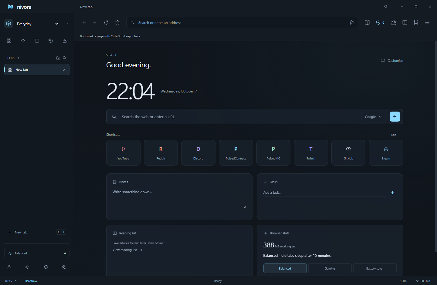 Nivora’s dark dashboard with icy blue controls, vertical tabs, clock and customizable widgets