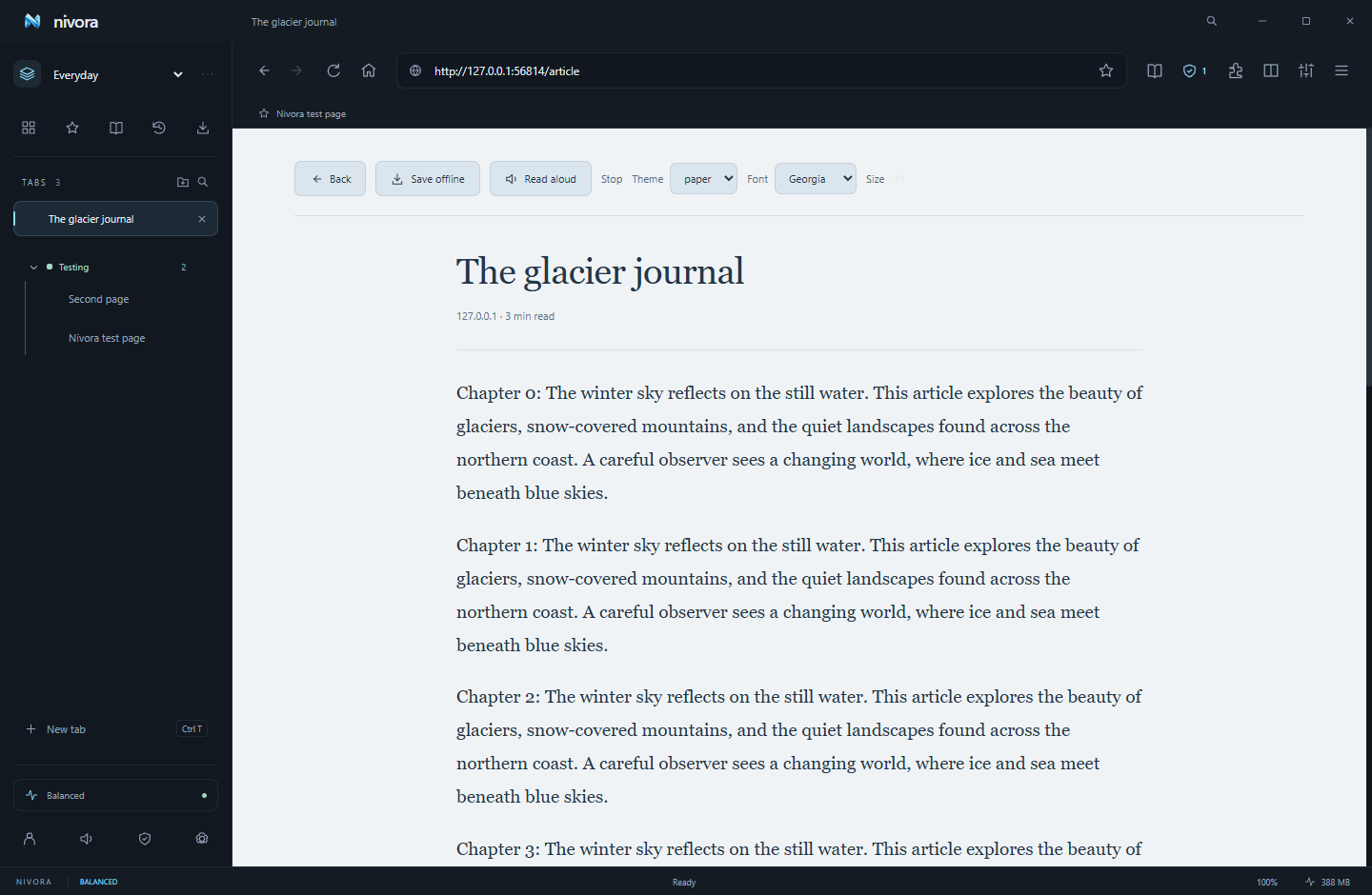 Nivora reader mode displaying a saved article with font and theme controls